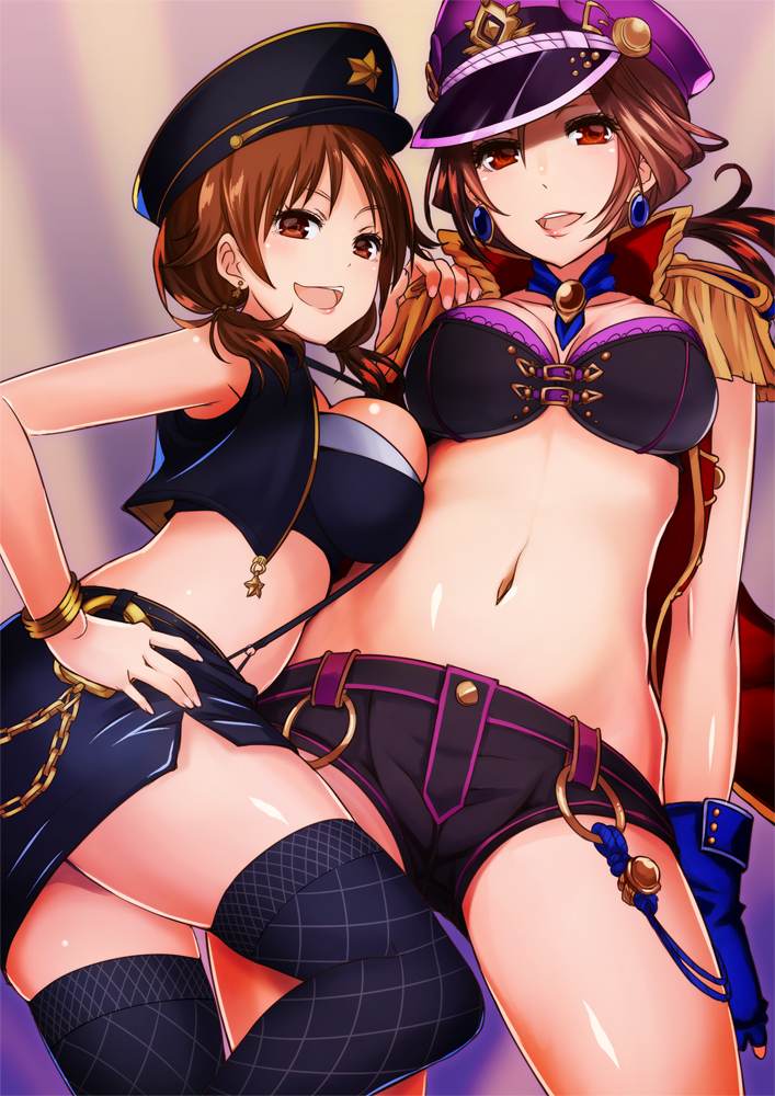 10s, 2girls, akai_kagerou, black_legwear, blue_gloves, bracelet, breasts, brown_hair