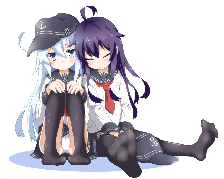 10s, 2girls, ahoge, akatsuki_(kancolle), beize_(garbage), black_legwear, blue_eyes, blue_hair