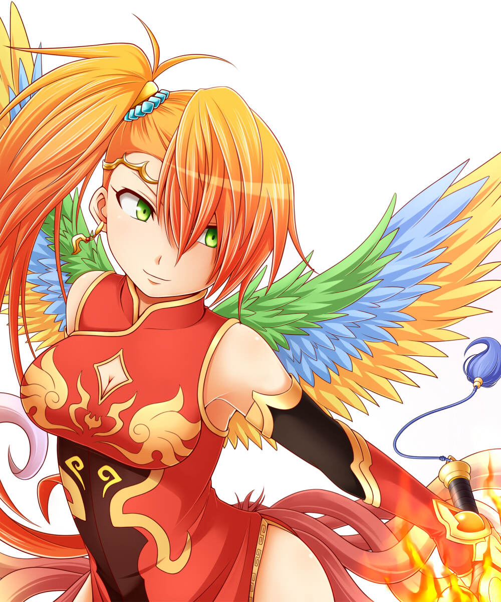 1girl, breasts, china_dress, chinese_clothes, cleavage, cleavage_cutout, clothing_cutout, dress, earrings, elbow_gloves, female_focus, gloves, green_eyes, highres, jewelry, leilan_(p&amp;d), leiran_(p&amp;d), medium_breasts, multicolored_wings, puzzle_&amp;_dragons, red_hair, side_ponytail, smile, solo, sword, tottsuman, weapon, wings