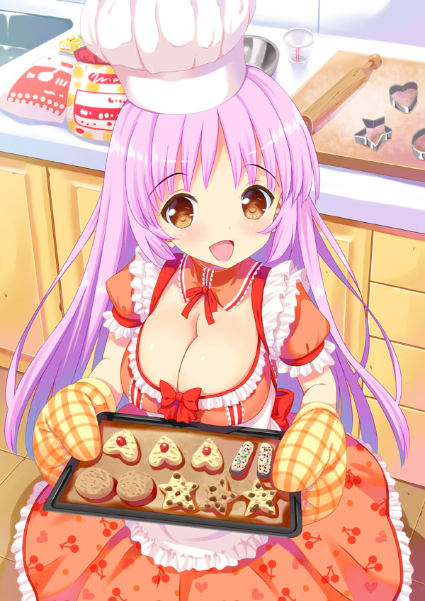 1girl, baking_sheet, breasts, brown_eyes, chef_hat, cherry_print, cleavage, cookie