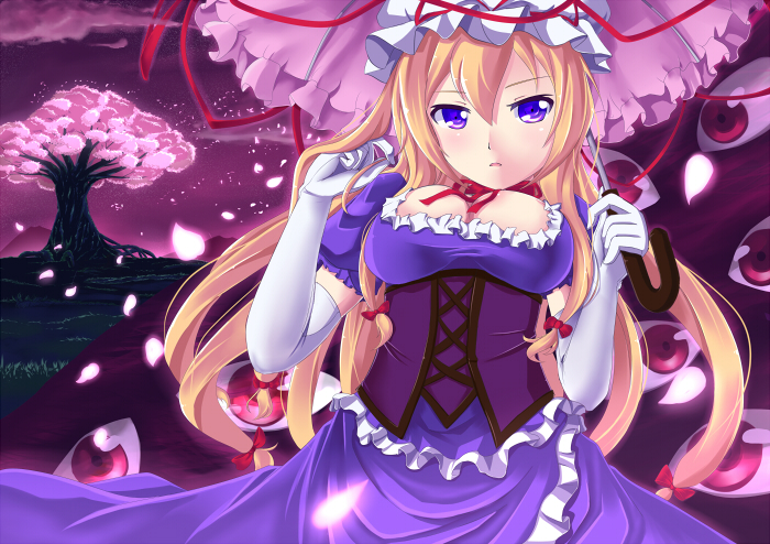 1girl, blonde_hair, breasts, cherry_blossoms, cleavage, elbow_gloves, erusen_(des-arms), female_focus