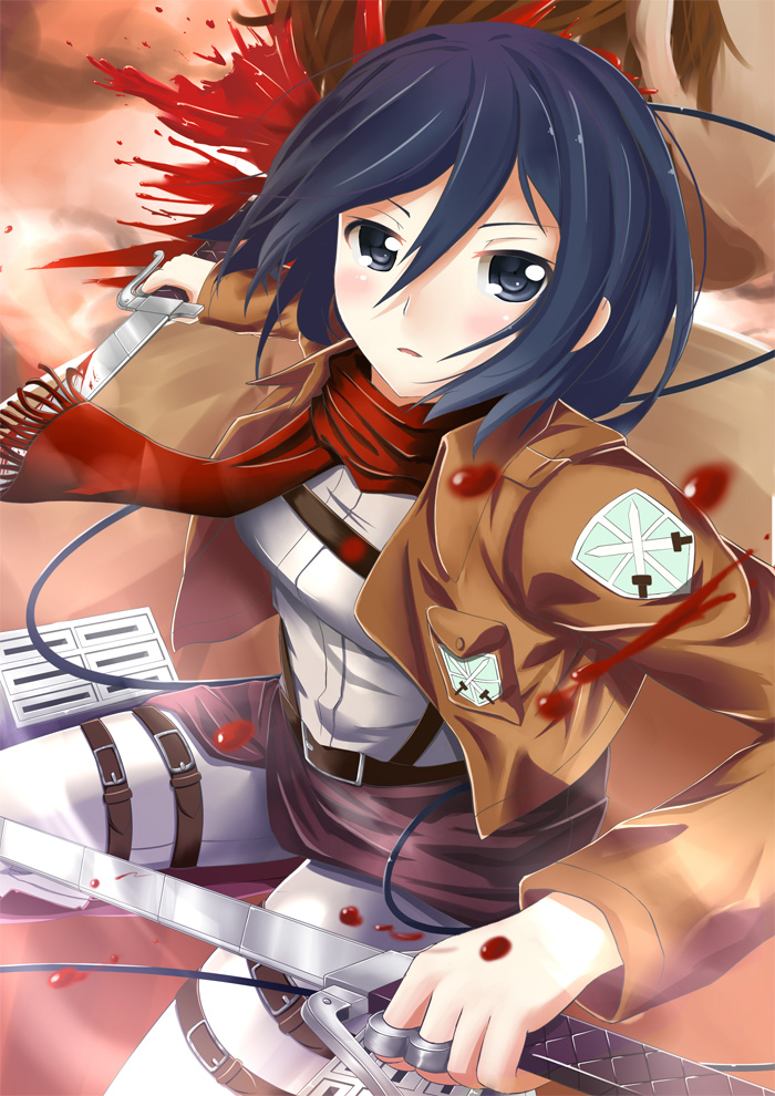 1girl, black_eyes, black_hair, dual_wielding, erusen_(des-arms), giant, holding, looking_at_viewer