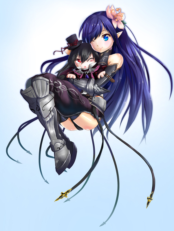 2girls, ;), black_hair, blue_eyes, blue_hair, carrying, emil_chronicle_online, eraser_(emil_chronicle_online), erusen_(des-arms), gauntlets, hair_ornament, hat, hug, long_hair, mini_person, minigirl, multiple_girls, nekomata_kuro, one_eye_closed, pointy_ears, red_eyes, smile