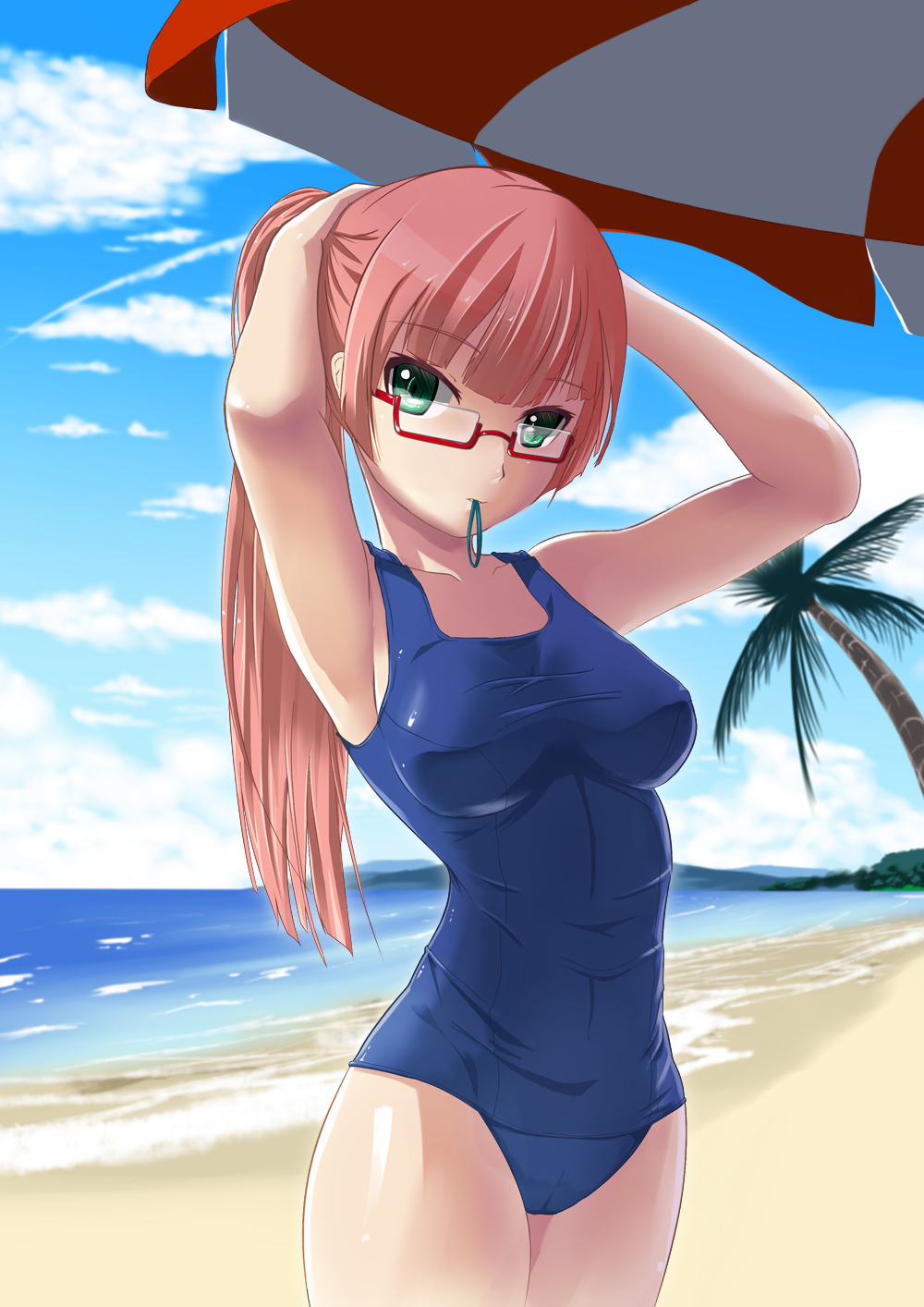 1girl, adjusting_hair, beach, beach_umbrella, breasts, cloud, day, erusen_(des-arms)