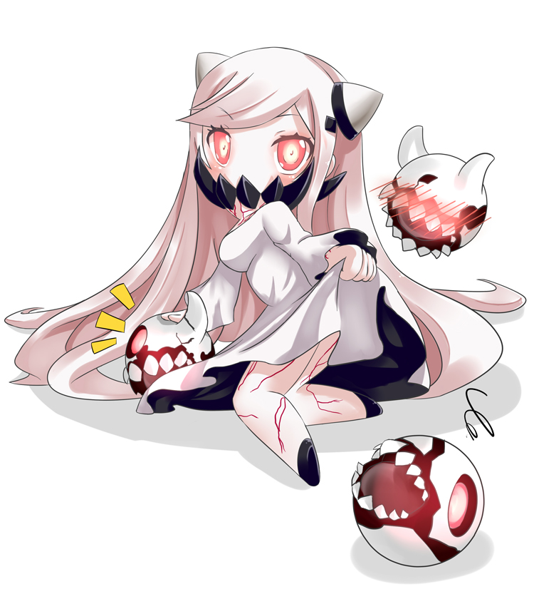 10s, 1girl, abyssal_ship, blush, chibi, clothes_lift, covered_mouth, dress