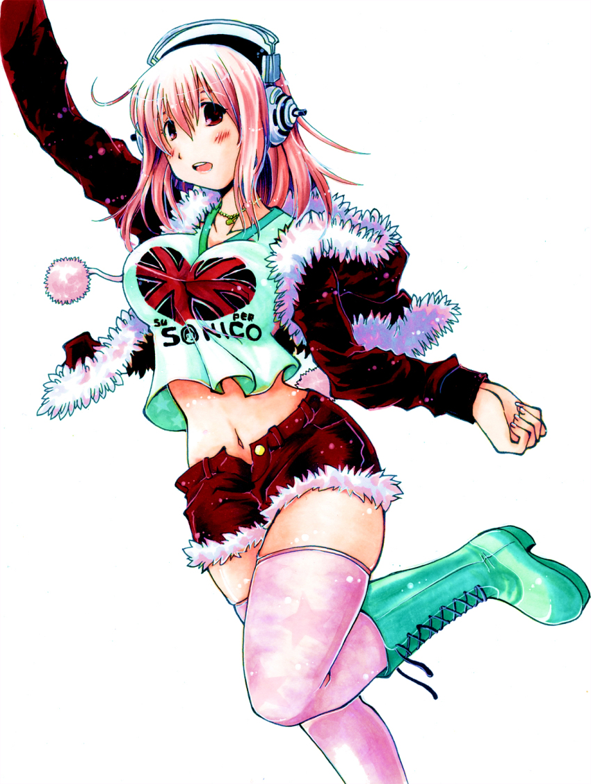 1girl, blush, boots, breasts, female_focus, headphones, highres, large_breasts, long_hair, looking_at_viewer, navel, nitroplus, open_mouth, pink_hair, pink_thighhighs, pom_pom_(clothes), red_eyes, solo, super_sonico, thighhighs, union_jack, yaya_(yayaya), yaya_azu