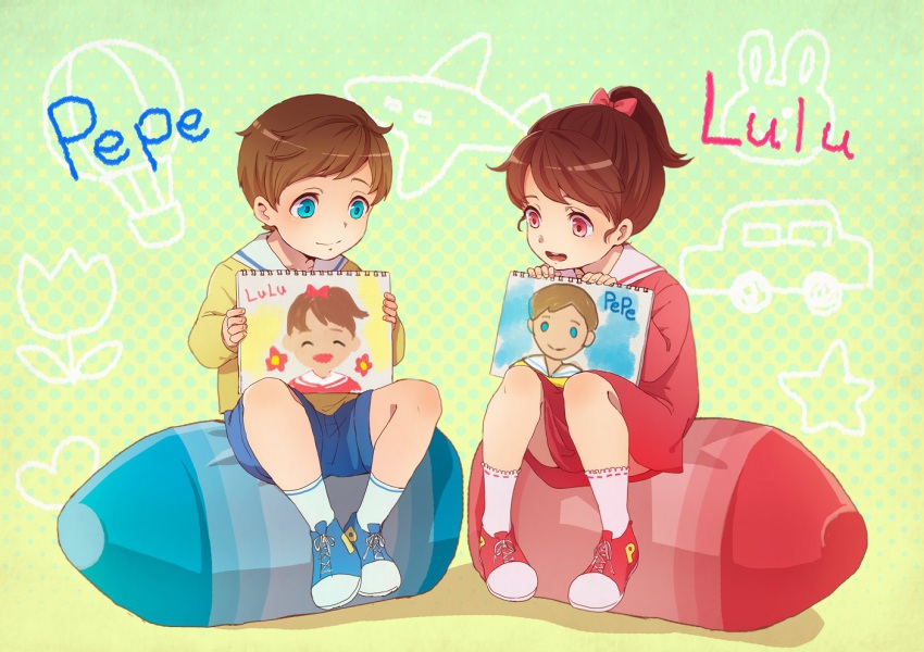 1boy, 1girl, bad_id, bad_pixiv_id, blue_eyes, brown_hair, character_name, dress