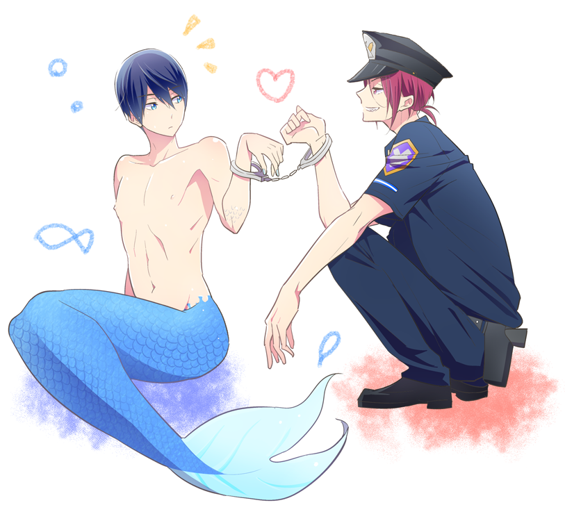 10s, 2boys, ^^^, black_hair, blue_eyes, cuffs, free!, full_body