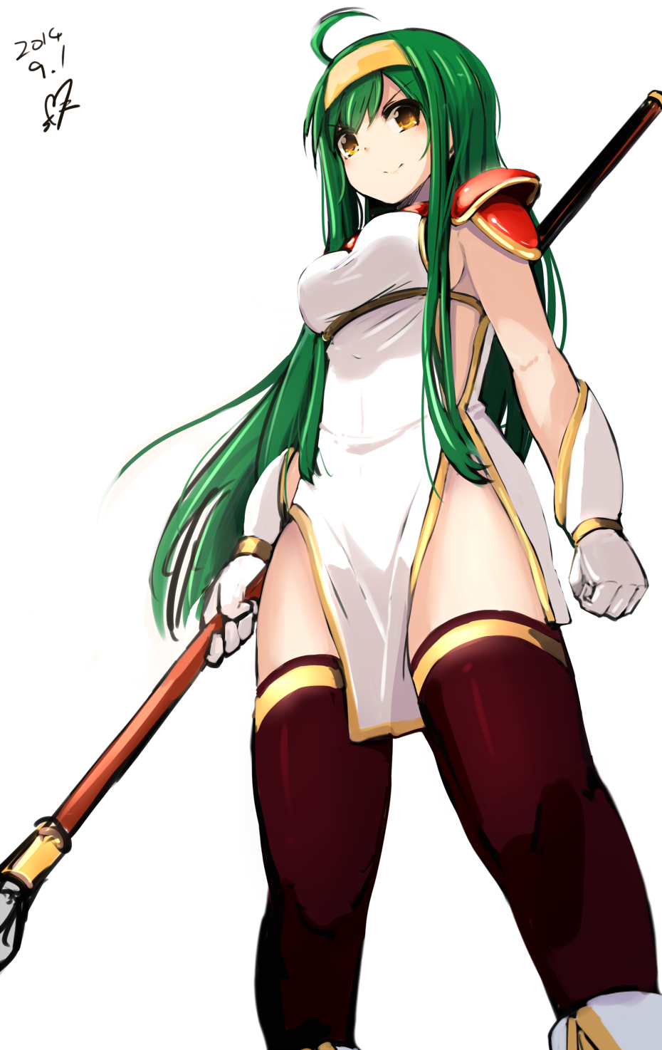 >:), 10s, 1girl, 2014, ahoge, armor, breasts, carrie_(sennen_sensou_aigis), dated, female_focus, gloves, hairband, highres, long_hair, looking_at_viewer, momo_(higanbana_and_girl), pauldrons, pelvic_curtain, polearm, sennen_sensou_aigis, shoulder_armor, side_slit, sideboob, simple_background, solo, thighhighs, v-shaped_eyebrows, weapon, white_background, white_gloves