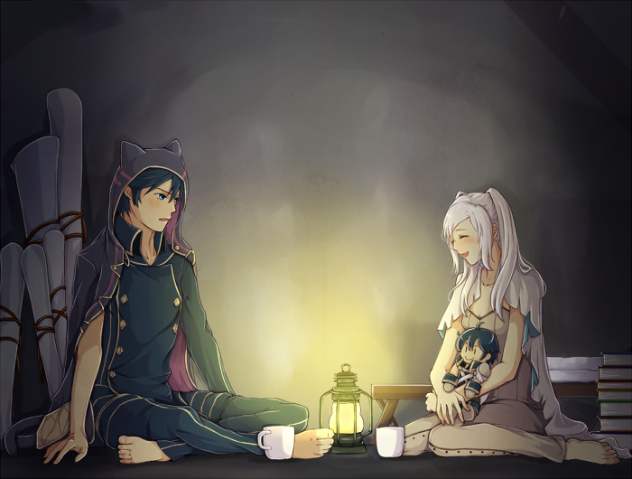 1boy, 1girl, ^_^, barefoot, blue_eyes, blue_hair, blush, borrowed_clothes