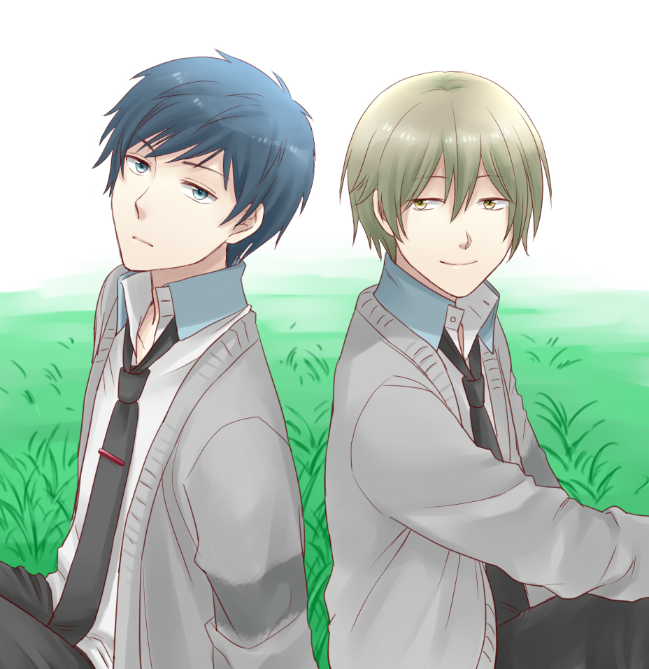 10s, 2boys, bad_id, bad_pixiv_id, blue_hair, brown_eyes, kaizaki_arata, kanzaki_arata