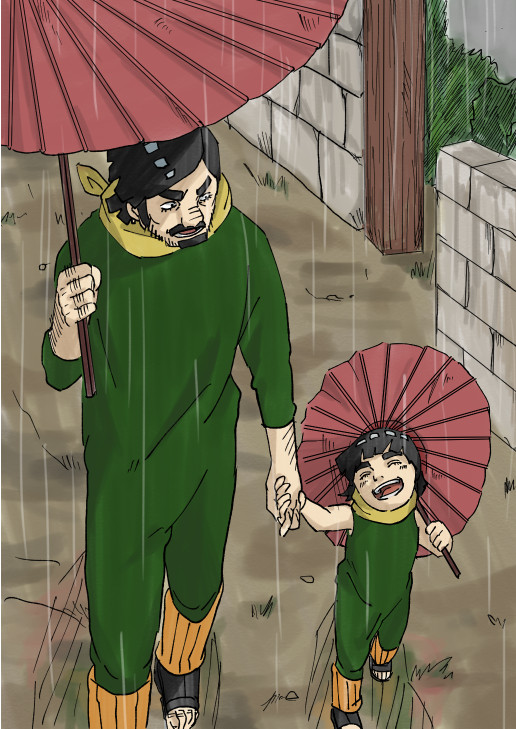 2boys, aged_down, ami_(greeneyes37), beard, black_hair, child, eyebrows, facial_hair, family_bonding, father_and_child, father_and_son, holding_hands, laughing, male_focus, might_duy, might_guy, multiple_boys, mustache, naruto_(classic), naruto_(series), naruto_shippuuden, oil-paper_umbrella, parent_and_child, rain, sandals, scarf, short_hair, smile, umbrella
