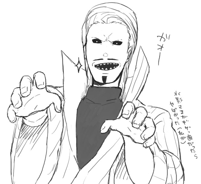 1boy, beard, black_sclera, colored_sclera, corpse, edo_tensei, facial_hair, fangs