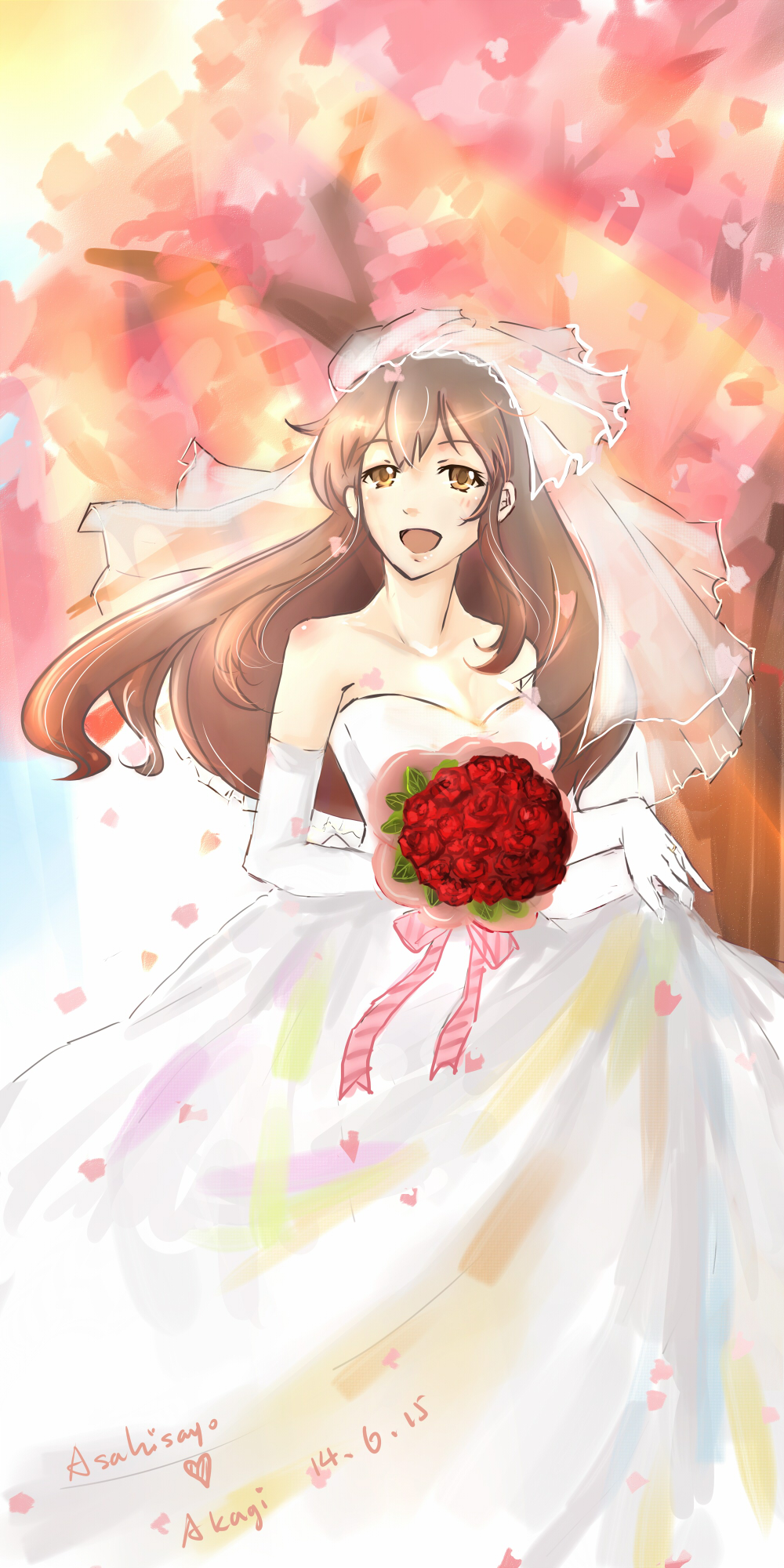 10s, 1girl, akagi_(kancolle), asahisayo, bouquet, brown_eyes, brown_hair, dress, elbow_gloves, female_focus, flower, gloves, highres, kantai_collection, long_hair, looking_at_viewer, open_mouth, ribbon, sayo_(asahisayo), solo, strapless, strapless_dress, veil, wedding, wedding_dress