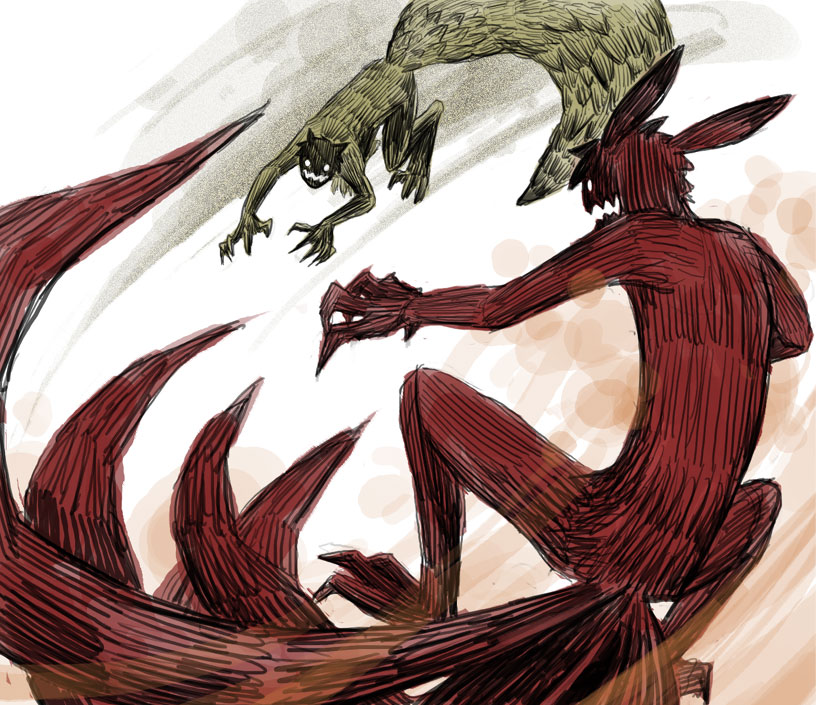 2boys, animal_ears, claws, demon, demon_tail, fangs, fox_ears, fox_tail, from_behind, gaara_(naruto), ichibi_no_shukaku, kibako21, kyuubi_(naruto), monster, multiple_boys, multiple_tails, naruto_(classic), naruto_(series), shukaku_(naruto), spiked_hair, tail, tanuki, uzumaki_naruto, vs