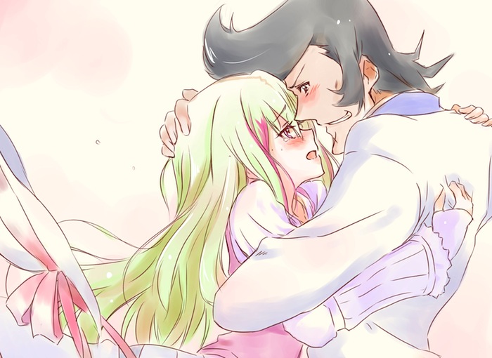10s, 1boy, 1girl, :d, bad_id, bad_pixiv_id, black_hair, blonde_hair, blush, commentary_request, couple, crying, crying_with_eyes_open, dandy_(space_dandy), dress, from_side, happy, hat, hat_ribbon, hetero, hug, long_hair, long_sleeves, looking_at_another, multicolored_hair, nwon'yo_pasun, open_mouth, pale_skin, pink_eyes, poe_(space_dandy), pompadour, ribbon, simple_background, smile, space_dandy, sun_hat, tears, tuxedo, upper_body