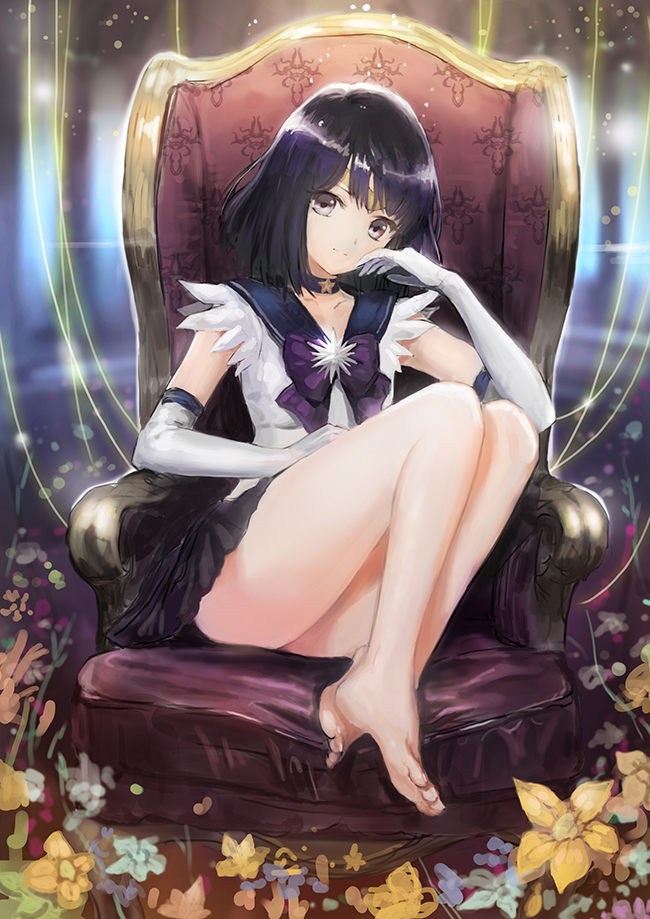 1girl, armchair, barefoot, bishoujo_senshi_sailor_moon, black_hair, black_neckwear, bow, brooch
