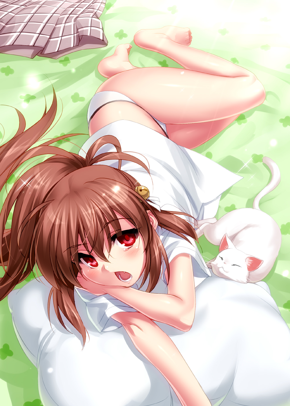 1girl, animal, ass, bare_legs, barefoot, bell, brown_hair, cat