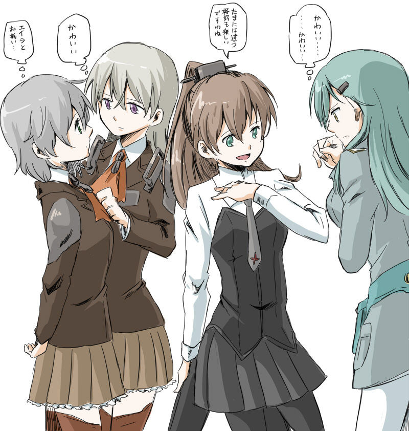 4girls, aqua_eyes, aqua_hair, black_legwear, blonde_hair, brown_hair, cosplay, costume_switch