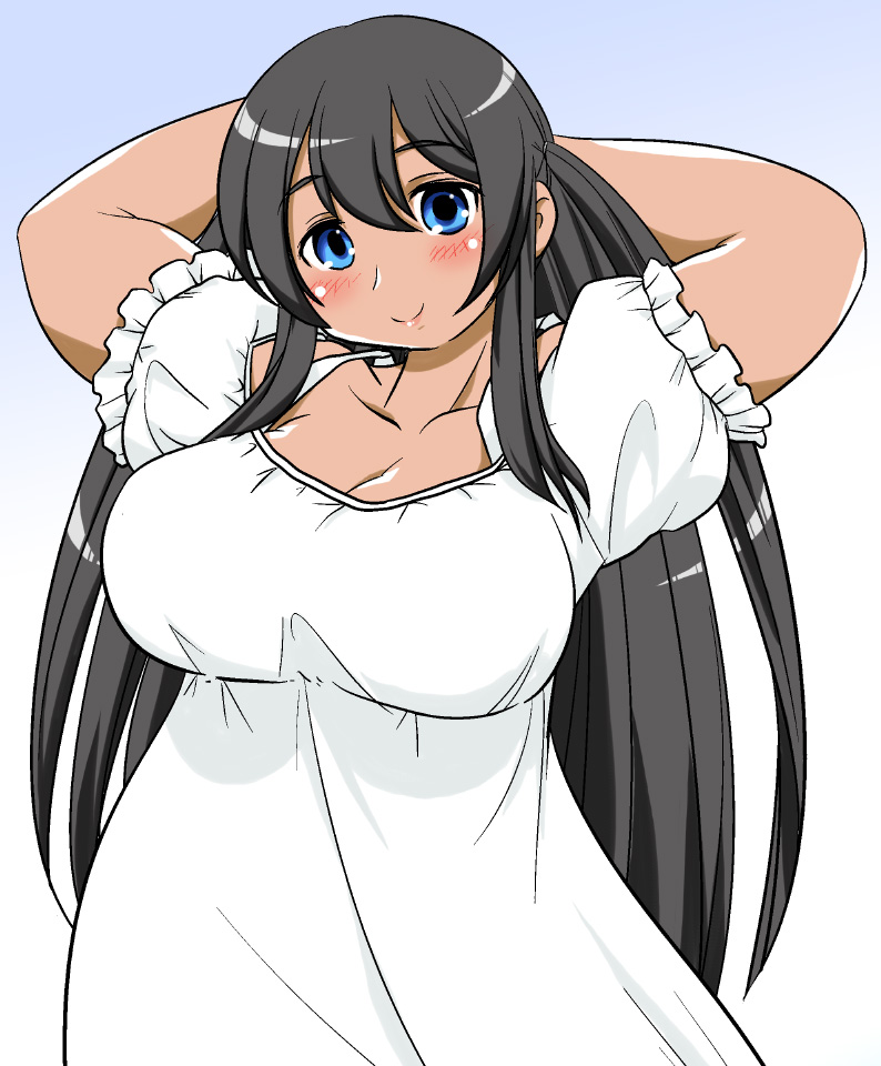 10s, 13988, 1girl, arms_behind_head, artist_request, black_hair, blue_eyes, breasts, captain_earth, collarbone, curvy, dark-skinned_female, dark_skin, dress, female_focus, gown, large_breasts, long_hair, mutou_hana, plump, smile, solo, tan, very_long_hair, white_dress