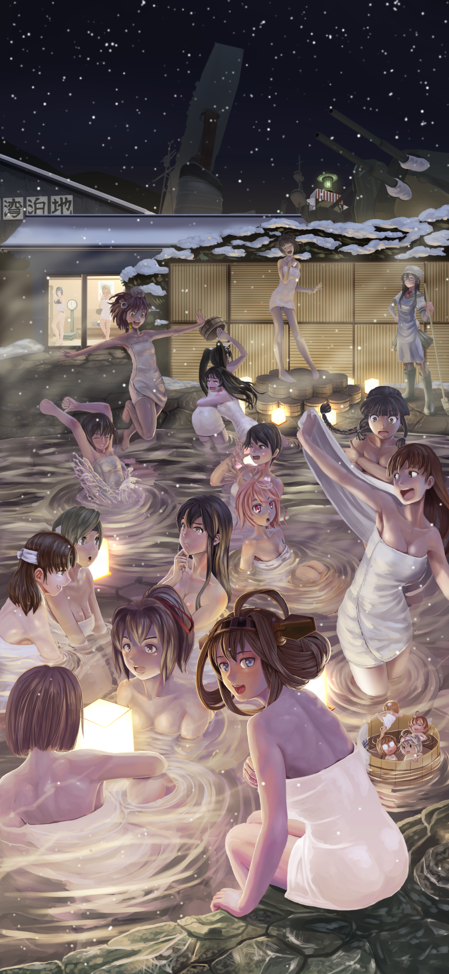 10s, 41cm_twin_gun_mount, 6+girls, abazu-red, akagi_(kancolle), anger_vein, apron, atago_(kancolle), basin, black_bra, black_hair, black_panties, blonde_hair, blue_eyes, boots, bra, braid, breasts, brown_eyes, brown_hair, cannon, chikuma_(kancolle), chitose_(kancolle), chiyoda_(kancolle), cleaning_brush, covering_breasts, covering_privates, damage_control_goddess_(kancolle), double_bun, fairy_(kancolle), glasses, green_eyes, green_hair, hair_bun, hair_ornament, hair_ribbon, hair_up, hand_on_own_chin, hand_on_own_hip, hat, headband, headgear, headscarf, highres, hug, hyuuga_(kancolle), i-58_(kancolle), ise_(kancolle), jumping, kaga_(kancolle), kantai_collection, kitakami_(kancolle), kneeling, kongou_(kancolle), lantern, long_hair, looking_at_viewer, looking_up, maintenance_musume_(kancolle), mogami_(kancolle), multiple_girls, music, naka_(kancolle), naked_towel, necktie, night, onsen, ooi_(kancolle), ooyodo_(kancolle), panties, partially_submerged, pink_eyes, pink_hair, ponytail, ribbon, rubber_boots, ryuusei_(kancolle), sendai_(kancolle), short_hair, short_ponytail, singing, single_braid, sitting, small_breasts, smokestack, snow, snowing, soaking_feet, standing, takao_(kancolle), thinking, tone_(kancolle), towel, towel_theft, twintails, underwear, undressing, wading, water, weighing_scale, yukikaze_(kancolle)