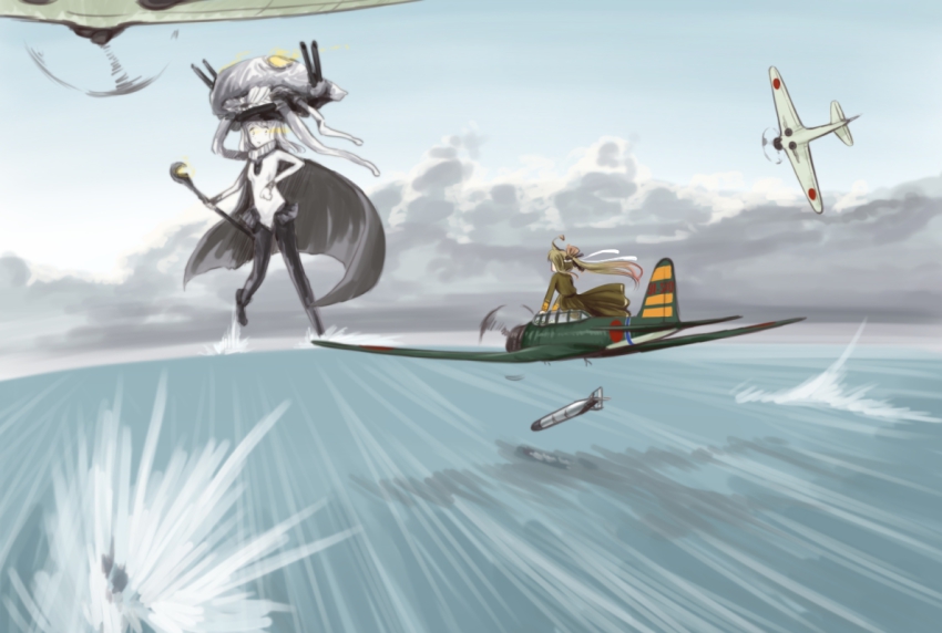 10s, 2girls, abyssal_ship, aircraft, airplane, bodysuit, cane, cape