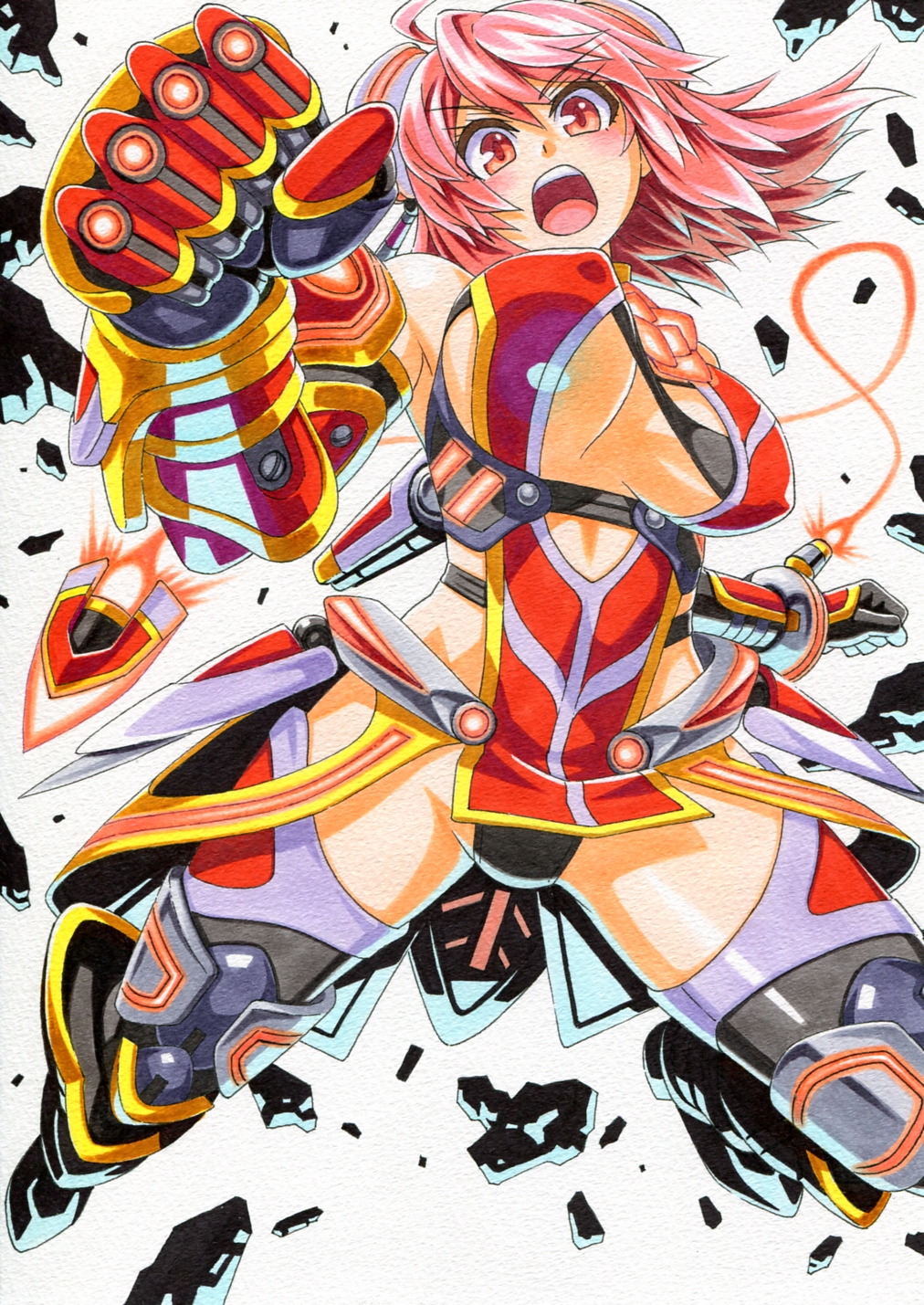 1girl, ahoge, armor, blush, bouncing_breasts, breasts, bun_cover, covered_erect_nipples