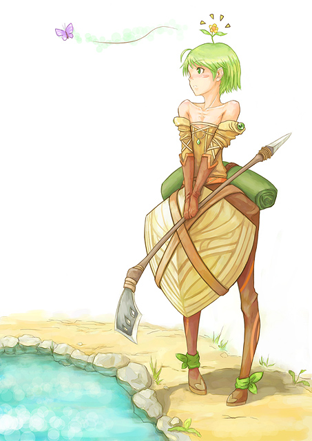 29_(artist), bare_shoulders, bug, butterfly, fantasy, flower, gloves, green_hair