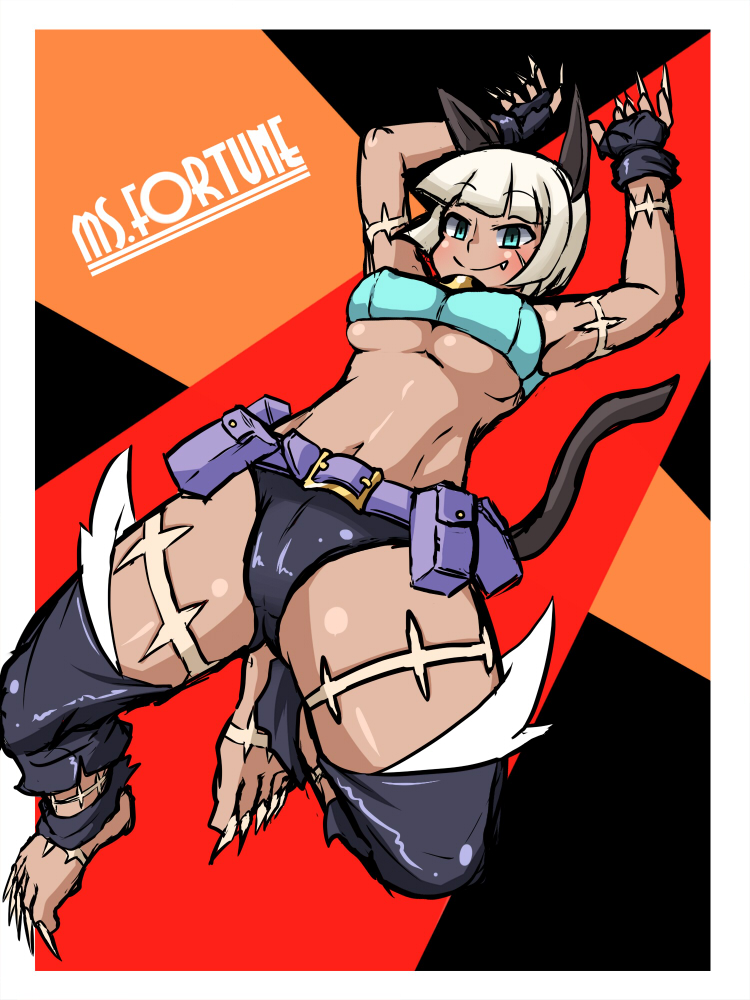 1girl, animal_ears, blue_eyes, bob_cut, breasts, cat_ears, cat_girl, cat_tail, claws, dark_skin, dark-skinned_female, fang, feet, female_focus, fingerless_gloves, fingernails, gloves, ms._fortune_(skullgirls), scar, sharp_fingernails, sharp_toenails, shorts, skullgirls, sleeveless, sleeveless_turtleneck, smile, solo, tail, toenails, turtleneck, underboob, white_hair, yosibou