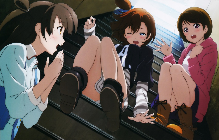 10s, 3girls, absurdres, blush, boots, brown_eyes, brown_hair, clothes_writing