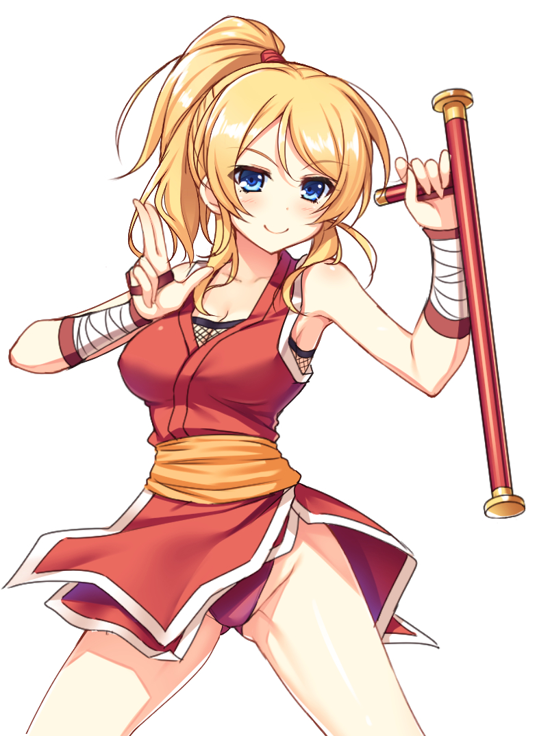 1girl, ayase_eli, blonde_hair, blue_eyes, cosplay, female_focus, fighting_stance, final_fight