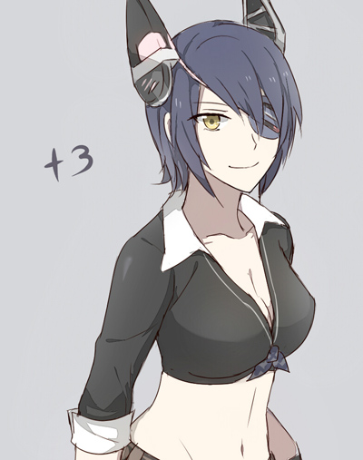 10s, 1girl, alternate_costume, breasts, cleavage, eyepatch, female_focus, groin, headgear, kantai_collection, looking_at_viewer, midriff, navel, purple_hair, short_hair, smile, solo, tenryuu_(kancolle), toruglose, yellow_eyes