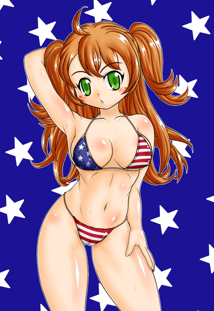 1girl, american_flag, american_flag_bikini, american_flag_print, armpits, bikini, blush_stickers, body_blush, brown_hair, cameltoe, flag_print, flag_print_bikini, green_eyes, highres, kageno_kuroko, kirishima_rika, long_hair, navel, print_bikini, ring_dream, shiny_skin, swimsuit, two_side_up