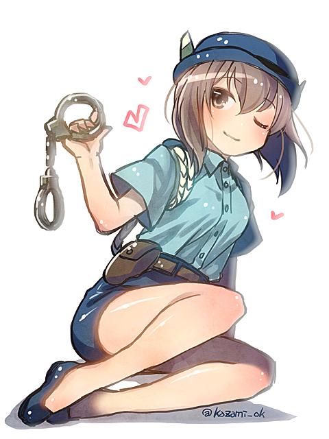 1girl, alternate_costume, belt, brown_eyes, brown_hair, commentary, cosplay, cuffs, female_focus, hair_between_eyes, handcuffs, hat, heart, japan_national_police, kantai_collection, kazami_miki, one-hour_drawing_challenge, one_eye_closed, pencil_skirt, police, police_uniform, policewoman, pun, shadow, short_hair, skirt, smile, solo, taiho_shichauzo, taihou_(kancolle), tsujimoto_natsumi, tsujimoto_natsumi_(cosplay), twitter_username, wink