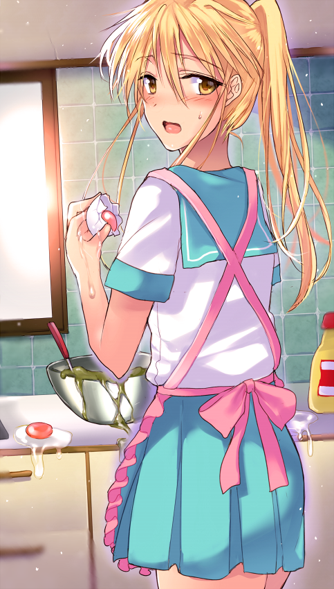 1girl, apron, bad_id, bad_pixiv_id, blonde_hair, blue_sailor_collar, blush, chanta_(atama_tansan), dutch_angle, egg, female_focus, from_behind, ijuuin_rei, kitchen, long_hair, looking_back, open_mouth, pleated_skirt, ponytail, sailor_collar, school_uniform, serafuku, skirt, solo, sweat, tokimeki_memorial, tokimeki_memorial_1, window, yellow_eyes