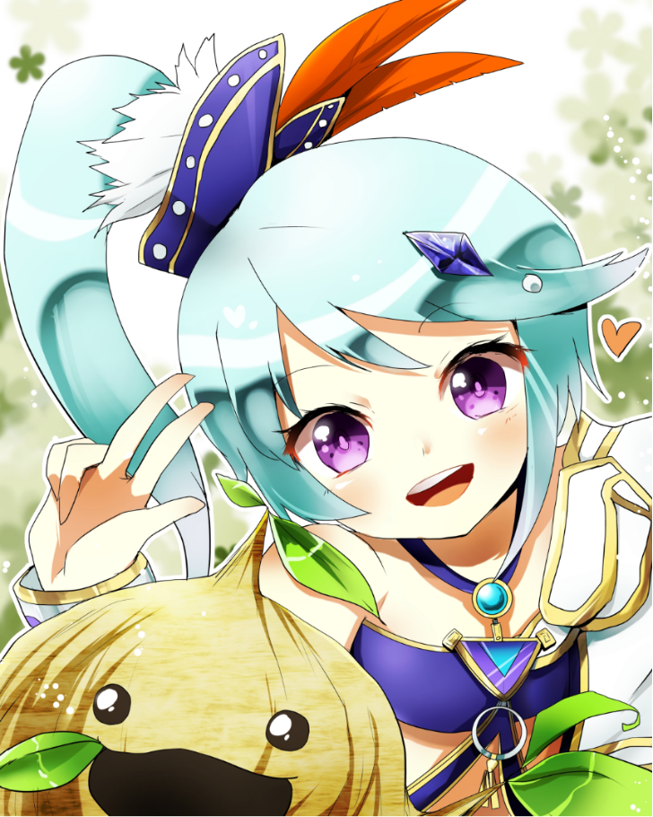 1girl, :d, blue_hair, eyebrows, great_deku_sprout, great_deku_tree, heart, hyrule_warriors, jewelry, lana_(hyrule_warriors), long_hair, looking_at_viewer, lots_of_jewelry, monster, nintendo, open_mouth, ponytail, purple_eyes, side_ponytail, smile, the_legend_of_zelda, upper_body, v, yoshishi, yoshishi_(yosisitoho)