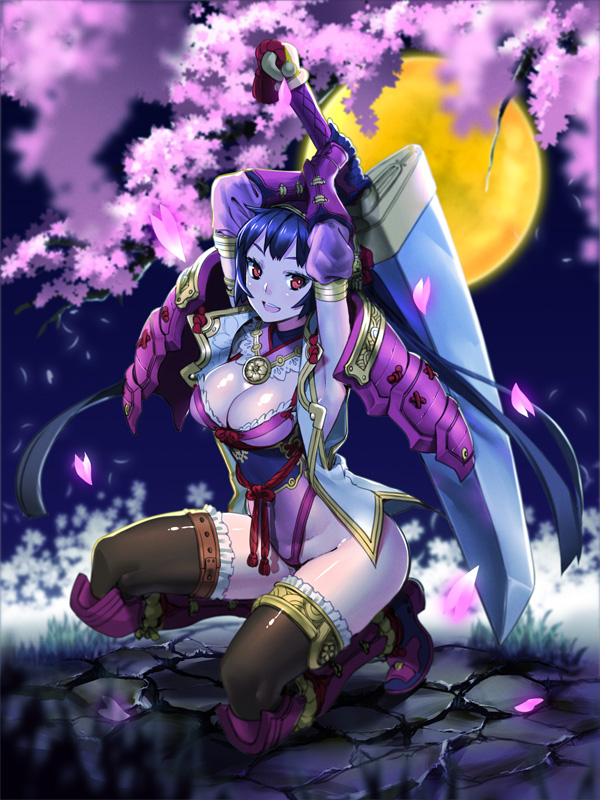 1girl, armpits, arms_up, blue_hair, boots, breasts, brown_thighhighs, cleavage