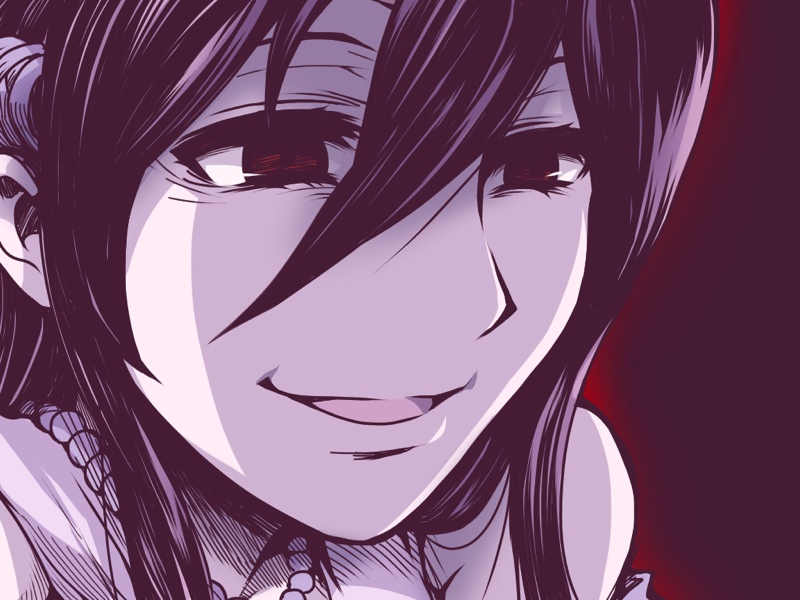 1girl, bags_under_eyes, bare_shoulders, black_hair, empty_eyes, evil_smile, female_focus, izanami_(p&amp;d)