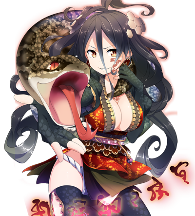 1girl, ahoge, animal, ayakashi_onmyouroku, black_hair, black_thighhighs, body_writing, breasts