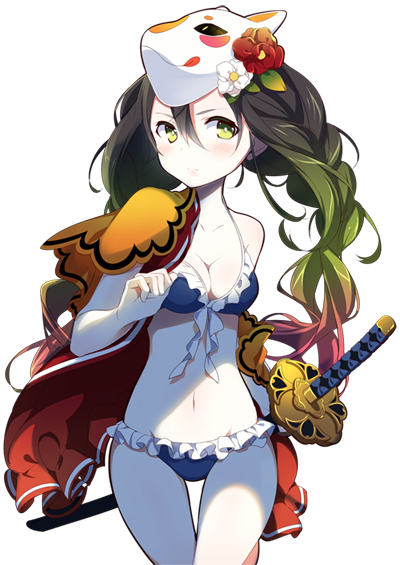 1girl, ayakashi_onmyouroku, bikini, black_hair, blue_bikini, blush, braid, breasts