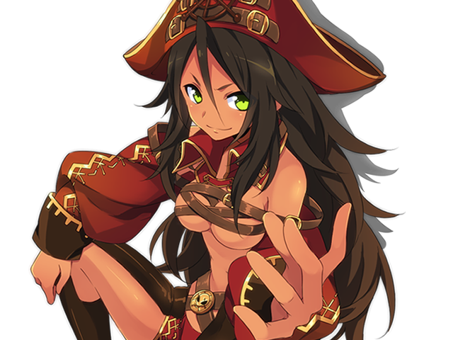 1girl, ayakashi_onmyouroku, bare_shoulders, belt, belt_bra, blush, breasts, brown_hair, cleavage, dark-skinned_female, dark_skin, detached_collar, detached_sleeves, female_focus, ghost_ship_chaos_(ayakashi), green_eyes, hand_on_own_knee, hat, kiya_machi, long_hair, long_sleeves, looking_at_viewer, official_art, pirate_costume, pirate_hat, shadow, short_shorts, shorts, single_sleeve, sitting, smile, solo, spread_legs, transparent_background, tricorne, underboob, very_long_hair, wheel