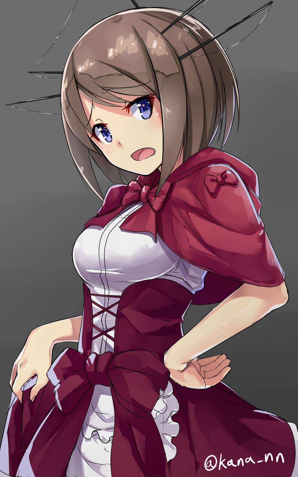 1girl, alternate_costume, aoki_hagane_no_arpeggio, bad_id, blue_eyes, breasts, brown_hair, cosplay, dress, female_focus, hand_on_own_hip, highres, kantai_collection, kawasaki_kana, looking_at_viewer, maya_(aoki_hagane_no_arpeggio), maya_(aoki_hagane_no_arpeggio)_(cosplay), maya_(kancolle), medium_breasts, open_mouth, short_hair, solo, twitter_username