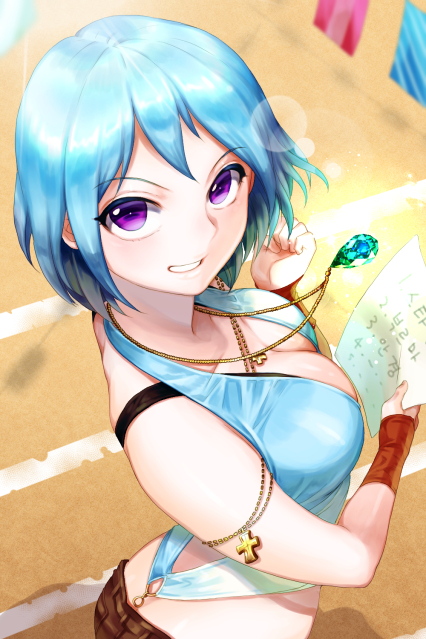1girl, bad_id, bad_pixiv_id, bare_shoulders, blue_hair, breasts, character_request, cleavage