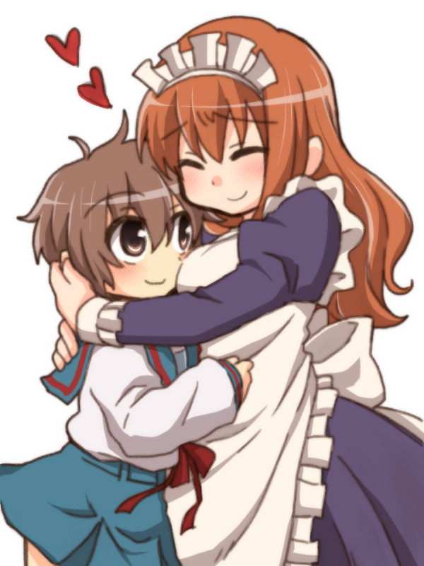 2girls, asahina_mikuru, brown_eyes, brown_hair, closed_eyes, hug, long_hair, maid