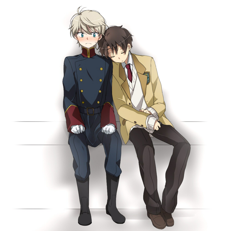 10s, 2boys, aldnoah.zero, aohane_riko, blush, boots, brown_hair, closed_eyes