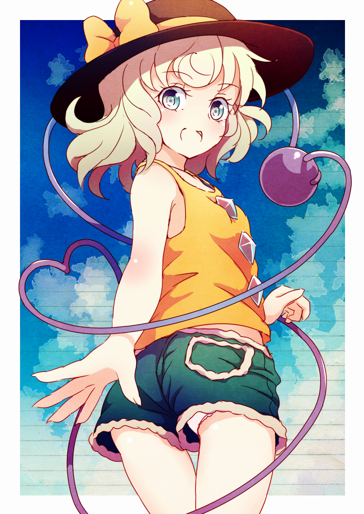 1girl, alternate_costume, ass, bad_id, bad_pixiv_id, black_hat, blue_eyes, blue_sky