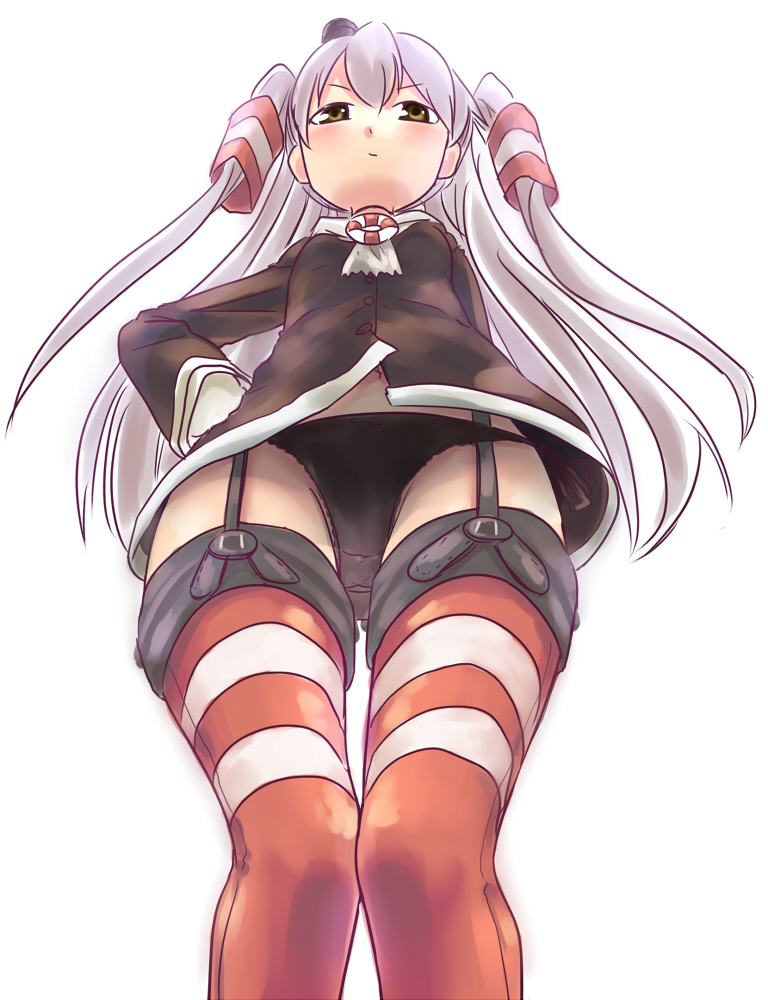 10s, 1girl, amatsukaze_(kancolle), black_panties, brown_eyes, female_focus, from_below, garter_straps