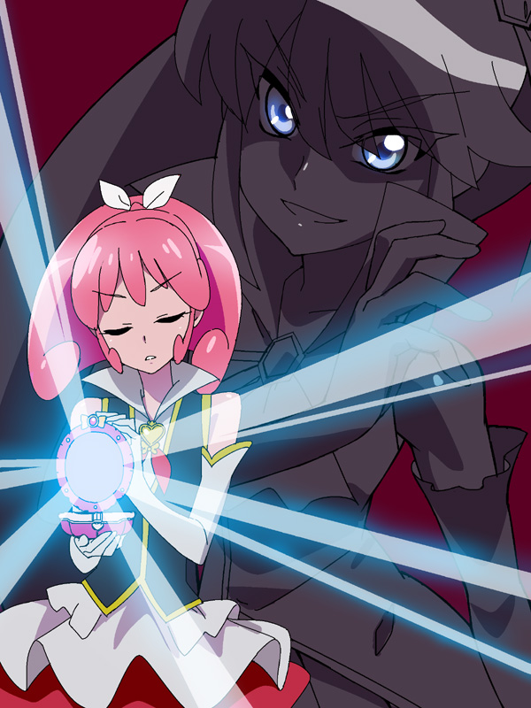 10s, 2girls, blue_eyes, brooch, closed_eyes, cure_mirage, elbow_gloves, gender_request