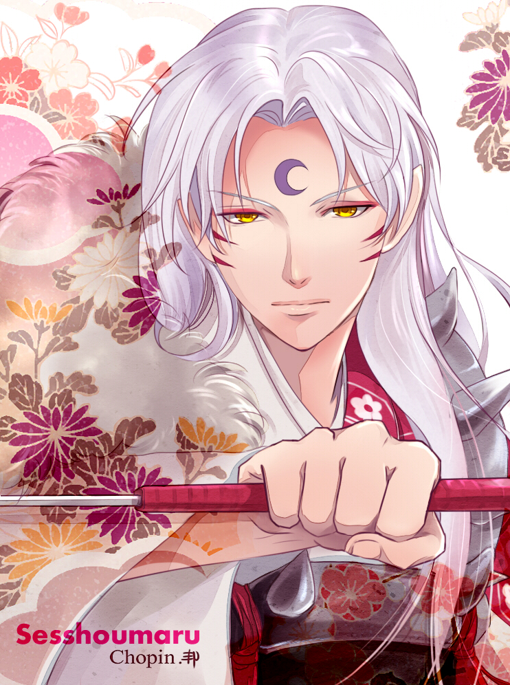 1boy, artist_name, character_name, chopin510, crescent_moon, eyeshadow, facial_mark, floral_print, forehead_mark, fur, holding, inuyasha, knife, long_hair, looking_at_viewer, makeup, male_focus, moon, parted_bangs, pointy_ears, sesshoumaru, solo, white_hair, yellow_eyes