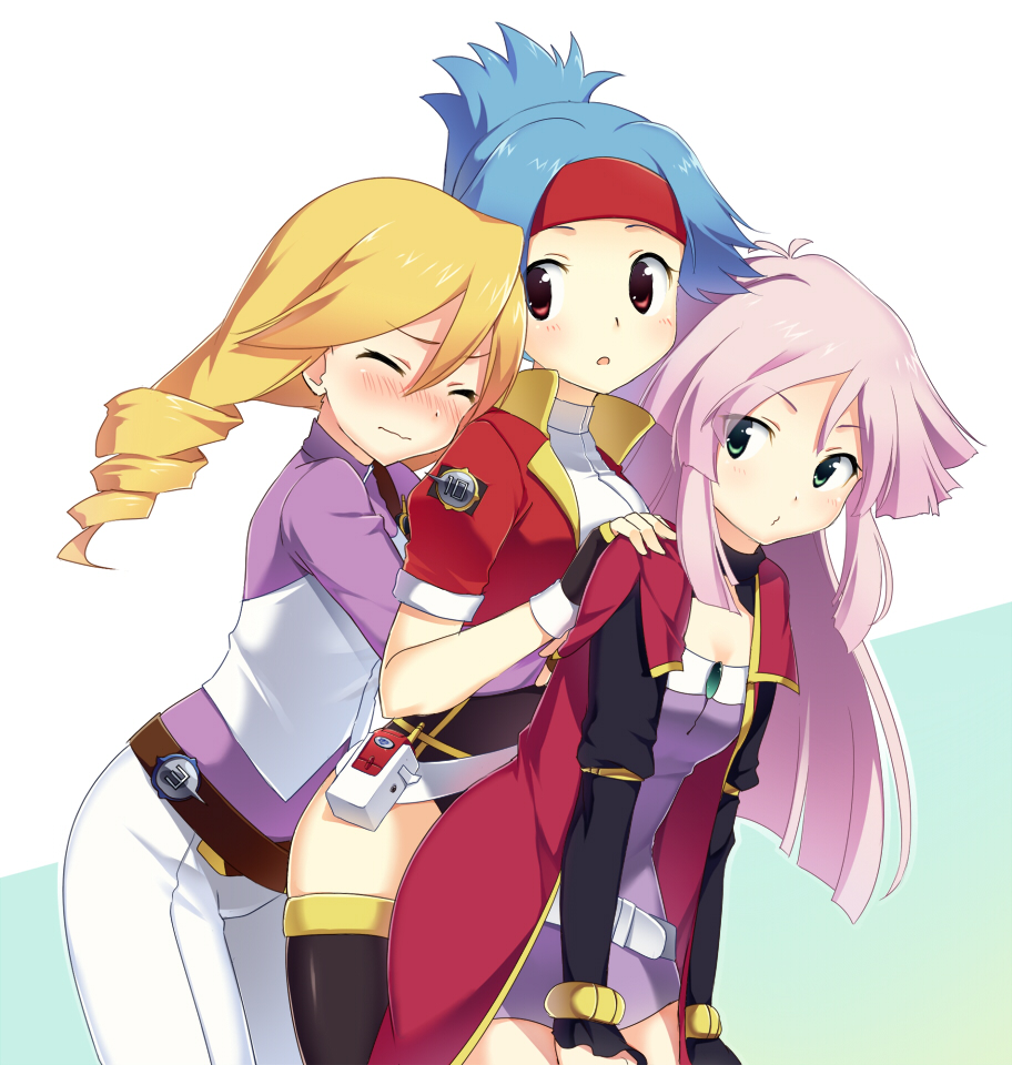 00s, 3girls, aria_(pokemon_ranger), belt, blonde_hair, blue_hair, blush, female_focus, fingerless_gloves, gloves, go-rock_squad, green_eyes, headband, multiple_girls, nintendo, pokemon, pokemon_ranger_(series), pokemon_ranger_1, purple_hair, red_eyes, solana_(pokemon), thighhighs, tiffany_(pokemon), vest, yoshino_saku
